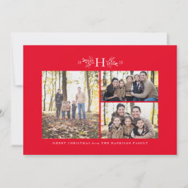Tarjeta Festiva Fotomontaje navideño rojo monograma rústico tres