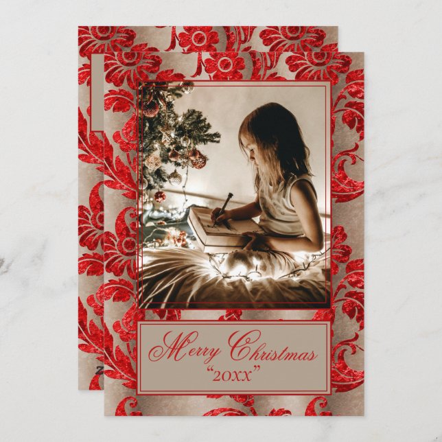 Tarjeta Festiva Fotomontaje Vintage Red Damask (Anverso / Reverso)