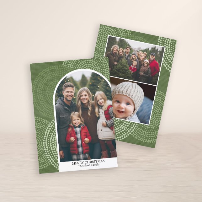 Tarjeta Festiva Fotos: arco moderno, Feliz Navidad, Circos abstrac (3 Photo Christmas Card with Boho Watercolor Pattern and Photo Arch - Print and Download Option)