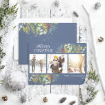 Tarjeta Festiva Fotos botánicas de oro azul de la marina navideña<br><div class="desc">Buscando una tarjeta de vacaciones única que realmente destacará? ¡Chequea nuestra tarjeta de vacaciones de fotos botánicas de invierno de la Marina de Navidad Azul Oro Azul! Esta hermosa tarjeta contiene tres de tus fotos favoritas, rodeadas de festivos motivos rojos y verdes de invierno en un fondo azul marino. La...</div>
