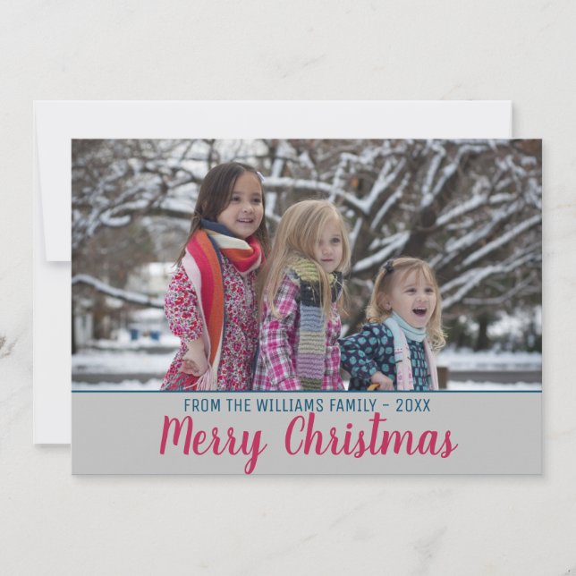 Tarjeta Festiva Fotos con guión de pincel rosa de moda navideña (Anverso)