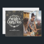 Tarjeta Festiva Fotos corporativas de Merry Christmas Chalkboard<br><div class="desc">Con su nombre de negocio,  foto y mensaje de vacaciones en una tipografía elegante,  y elegantes copos de nieve dorados en un fondo de pizarra. Diseñado por Thisisnotme©</div>
