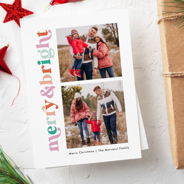 Tarjeta Festiva Fotos de 2:Merry y Bright Modern Whimsical ("merry and bright" whimsical typography 2 photo holiday card)