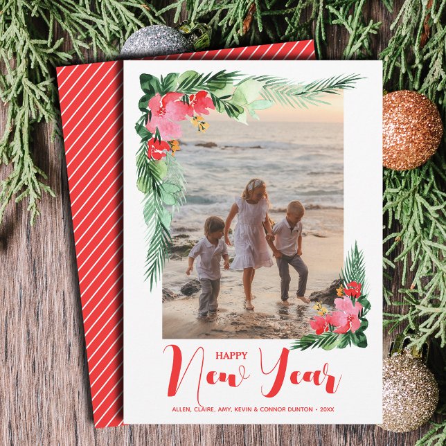 Tarjeta Festiva Fotos de Año Nuevo de Floral Tropical Feliz (Tropical Floral Happy New Year Photo Holiday Cards - Order INSTANT DOWNLOAD and/or PRINTED or both!)