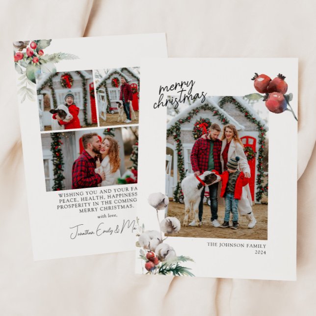 Tarjeta Festiva Fotos de bayas rojas y follaje de algodón en acuar (Subido por el creador)