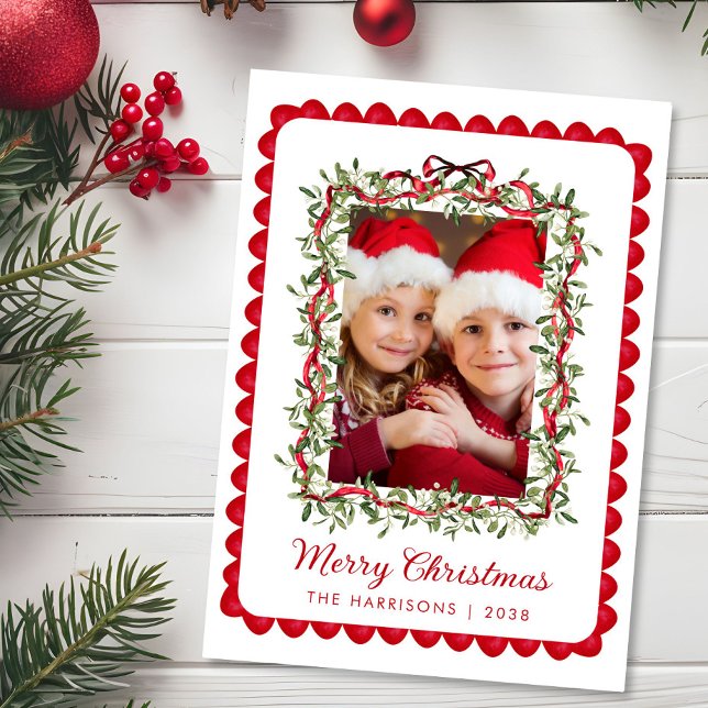 Tarjeta Festiva Fotos de color de agua de color verde rojo de navi (Share the love and warmth of the holiday season with this personalized photo Christmas card)