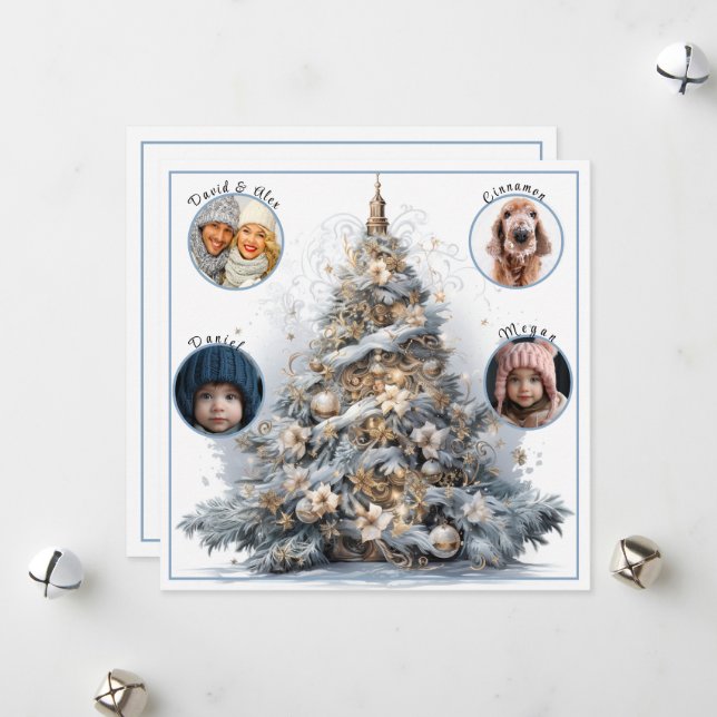 Tarjeta Festiva Fotos de familia acuarela árbol navideño (Anverso/Reverso In Situ)