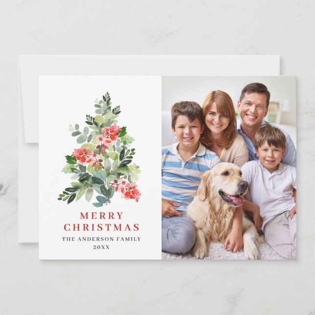 Tarjeta Festiva Fotos de Holly Berry Christmas Tree Greding (Anverso)