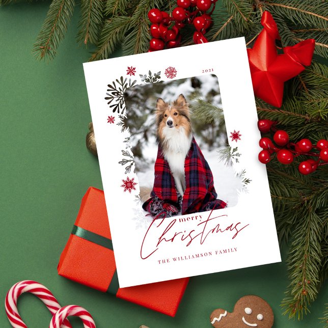 Tarjeta Festiva Fotos de la familia de los copos de nieve de navid (Merry Christmas Winter Snowflakes Family Photo Holiday Card)