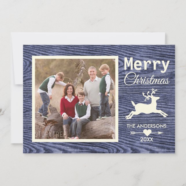 Tarjeta Festiva Fotos de la familia de maderas rusas azul de Feliz (Anverso)