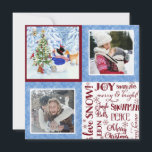 Tarjeta Festiva Fotos de la familia de Navidades de Nieve en Woodl<br><div class="desc">Adorable Snowman y sus amigos animales de bosque decoran un árbol de Navidad en un bosque nevado. Un ciervo, búho, conejo, erizo y un pájaro cardenal rojo ayudan a celebrar la festividad. El texto de la tipografía, el arte de la palabra, nos da mucha alegría en esta temporada. Dos fotografías...</div>
