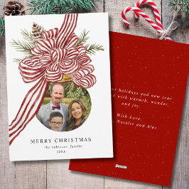 Tarjeta Festiva Fotos de la familia de ornamentos de Bow rojo de F