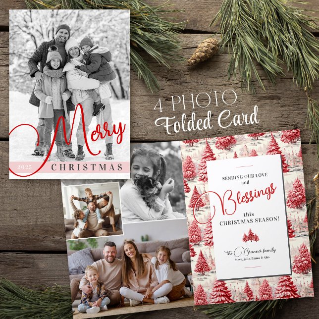 Tarjeta Festiva Fotos de la familia del Personalizado del toile de (Vintage modern family multi-photo Merry Christmas trees red toile blessings holiday folded card)
