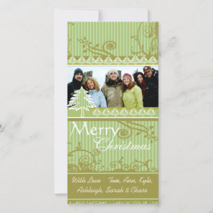 Tarjeta Festiva Fotos de la familia Green Stripes Pine Swirl Holid