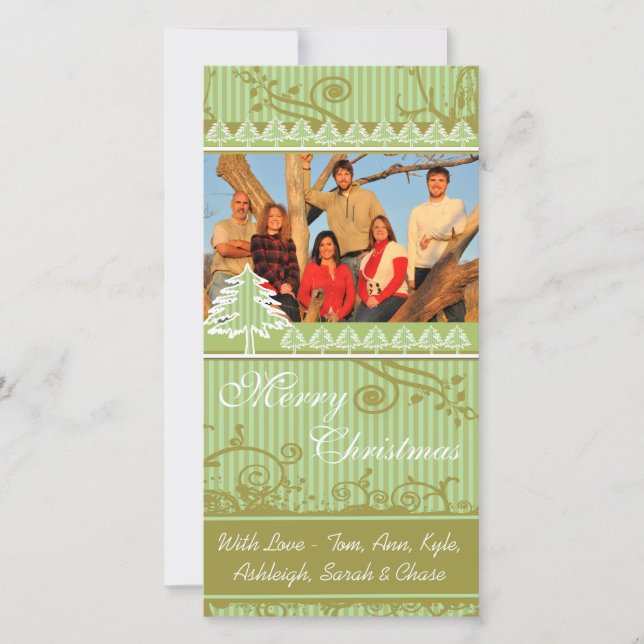 Tarjeta Festiva Fotos de la familia Green Stripes Pine Swirl Holid (Anverso)