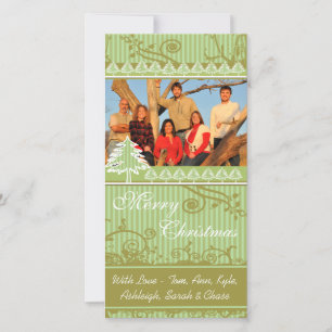 Tarjeta Festiva Fotos de la familia Green Stripes Pine Swirl Holid