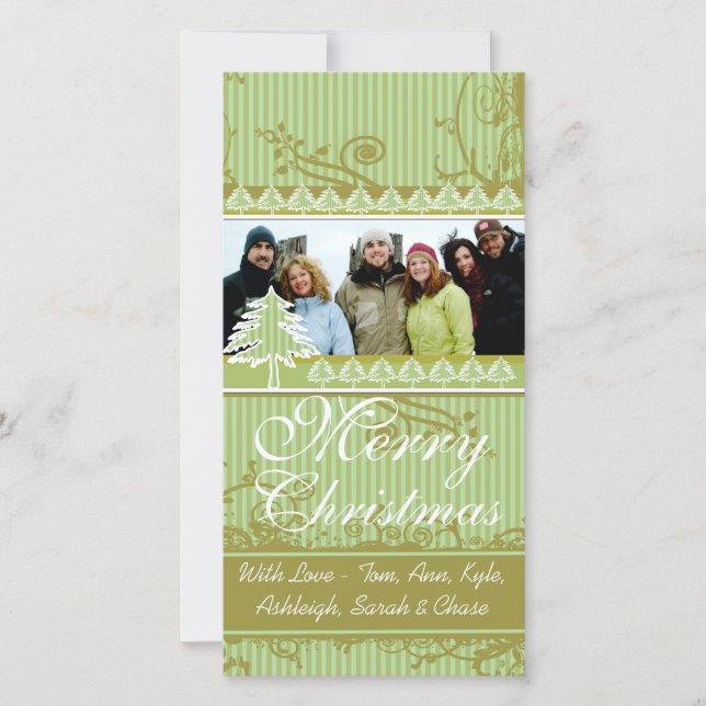 Tarjeta Festiva Fotos de la familia Green Stripes Pine Swirl Holid (Anverso)