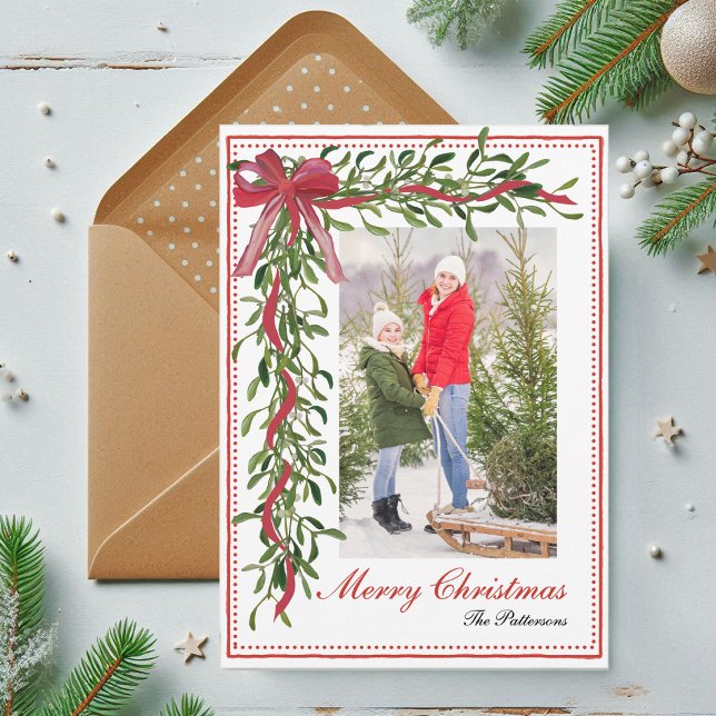 Tarjeta Festiva Fotos de la familia Mistletoe Red Bow de Feliz Nav (Subido por el creador)