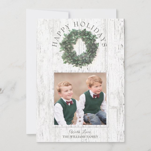 Tarjeta Festiva Fotos de la familia Rusood Green Wreath Happy (Anverso)
