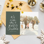 Tarjeta Festiva Fotos de la familia verde navideña<br><div class="desc">¡Te deseamos una Feliz Navidad! Esta tarjeta fotográfica de vacaciones muestra un mensaje clásico en forma de árbol de Navidad divertido sobre un fondo verde. Con una foto en la parte delantera y otra en la parte de atrás, es una buena manera de enviar Navidades de ovación a amigos y...</div>