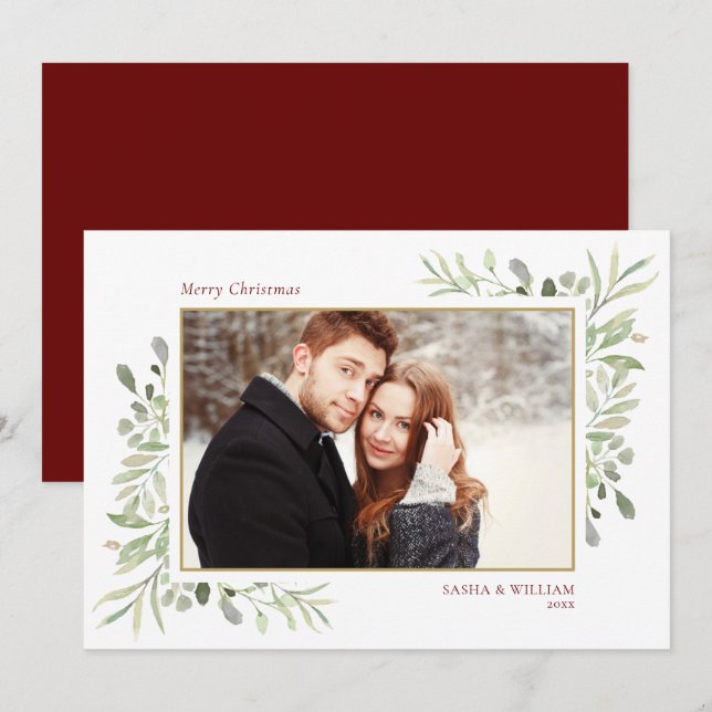 Tarjeta Festiva Fotos de la pareja en la verde navideña (Anverso / Reverso)