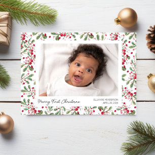 Tarjeta Festiva Fotos de la primera Navidad, bayas y follaje