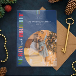 Tarjeta Festiva Fotos de los Navidades Retro Merry y Bright Blue