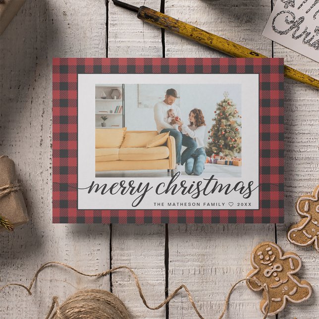 Tarjeta Festiva Fotos de los Navidades rusos de plaquetas negras r (Red Black buffalo plaid photo Merry Christmas card.)