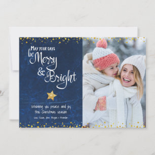 Tarjeta Festiva Fotos de Merry Bright Script Blue Gold Star Purpur