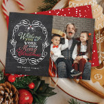 Tarjeta Festiva Fotos de Mistletoes de Chalkboard Rústico de Feliz<br><div class="desc">'Deseándote Una Feliz Navidad' Colorida Tipografía De Saludos Dentro De Un Marco Tradicional De Vintage, Rústico Navidad Chalkboard Con Tarjeta De Festividad De Fotografía De Mistletoes. Diseñado por fat*fa*tin. Fácil de personalizar con su propio texto, foto o imagen. Para solicitudes de personalizados, por favor contacte directamente con fat*fa*tin. Se cobran...</div>