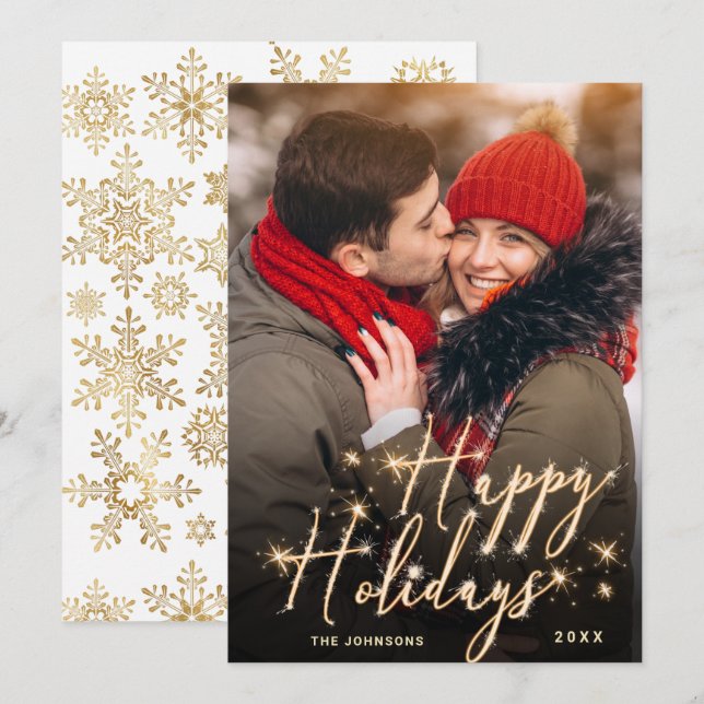 Tarjeta Festiva Fotos de Navidades de oro modernos saludan (Anverso / Reverso)