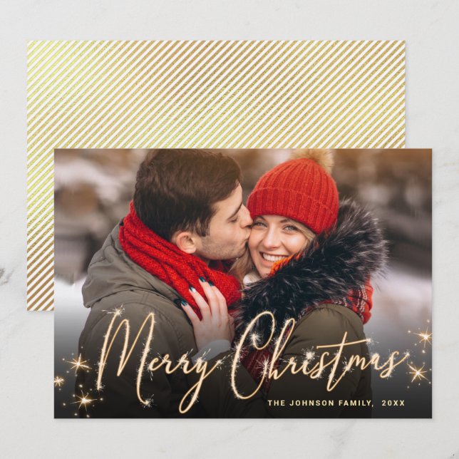 Tarjeta Festiva Fotos de Navidades de oro modernos saludan (Anverso / Reverso)