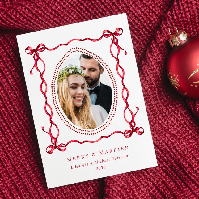 Tarjeta Festiva Fotos de Navidades recién casados de Merry Red Bow (Subido por el creador)