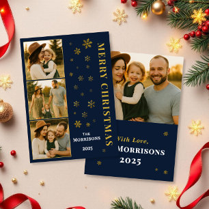Tarjeta Festiva Fotos de nieve de la familia Navy Blue Merry Chris