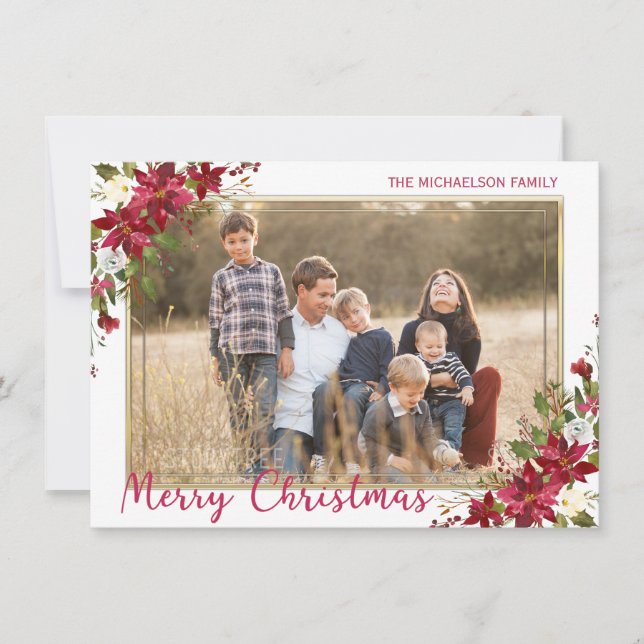 Tarjeta Festiva Fotos de oro de Morerry Christmas Poinsettia (Anverso)