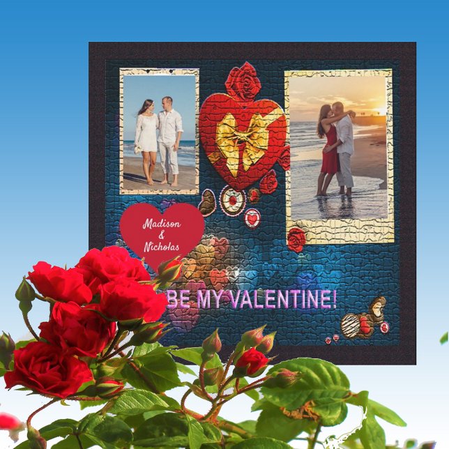 Tarjeta Festiva Fotos de personalizados y el nombre del corazón se (Custom Photos & Name Heart Be My Valentine Mosaic Holiday Card)