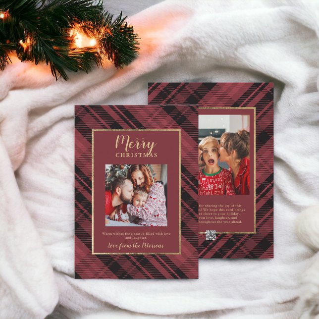 Tarjeta Festiva Fotos de Rústico Plaid Red Gold Merry Christmas 2 (Rustic Plaid Red Gold Merry Christmas 2 Photos Holiday Card)