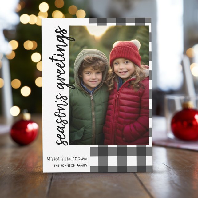 Tarjeta Festiva Fotos de saludos de temporada tomadas en búfalo bl (Buffalo Plaid in white and black with 1 photo - online christmas card)