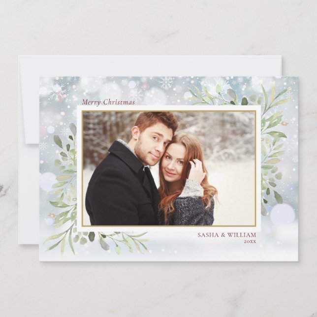 Tarjeta Festiva Fotos de Vegetación Navideña y Copos de Nieve (Anverso)