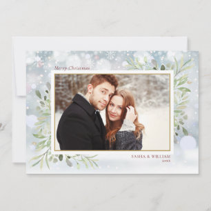 Tarjeta Festiva Fotos de Vegetación Navideña y Copos de Nieve