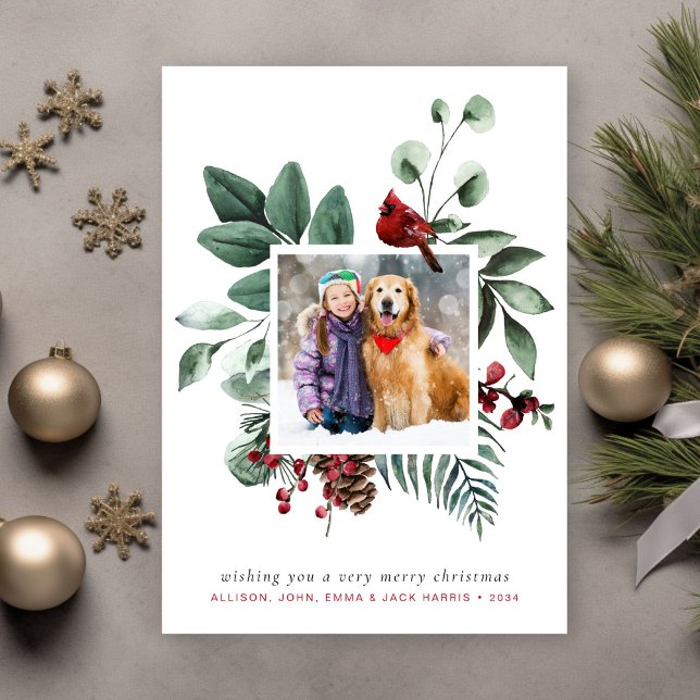 Tarjeta Festiva Fotos del Cardenal Rojo de Invierno de Feliz Navid (Share the love and warmth of the season with a personalized photo Christmas card)