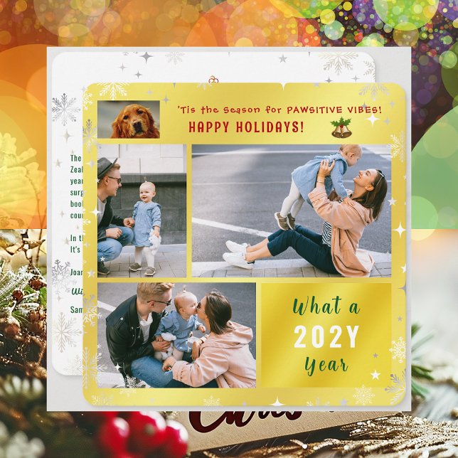 Tarjeta Festiva Fotos del gato del perro 4 graciosas alegran las v (Cute Funny Pet Dog Pawsitive Vibes Happy Holidays 'Tis the Season 4 Photos Golden What a Year Letter)