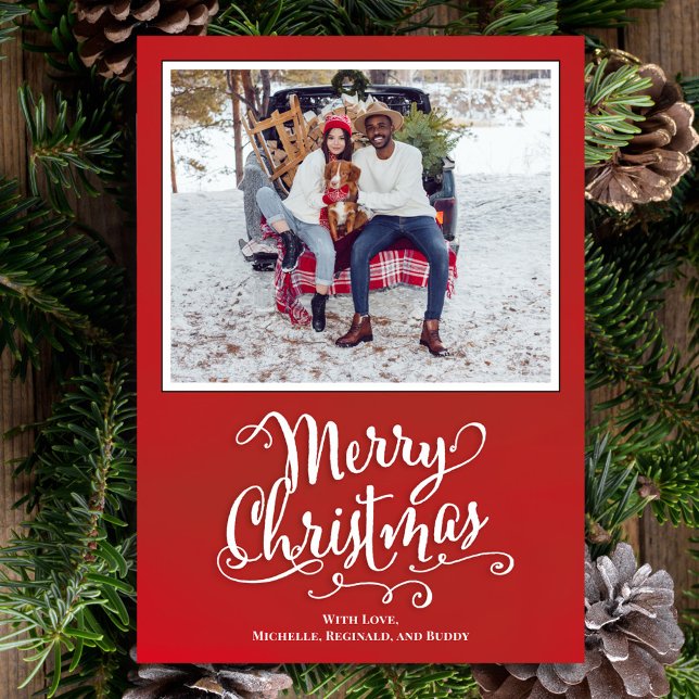 Tarjeta Festiva Fotos del guión de caligrafía roja de Feliz Navida (Merry Christmas whimsical calligraphy script vertical photo card. )