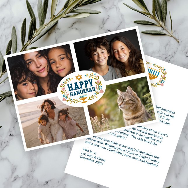 Tarjeta Festiva Fotos del Personalizado de HAPPY HANUKKAH Floral W (HAPPY HANUKKAH Floral Wreath Menorah Custom Photos Holiday Card
)