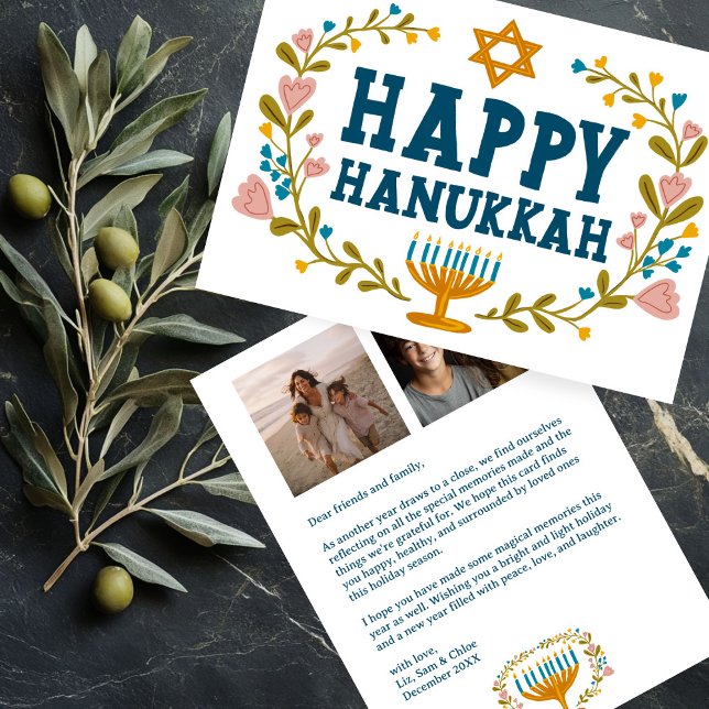 Tarjeta Festiva Fotos del Personalizado de HAPPY HANUKKAH Floral W (HAPPY HANUKKAH Floral Wreath Menorah Custom 2 Photos Collage Note Holiday Card
)