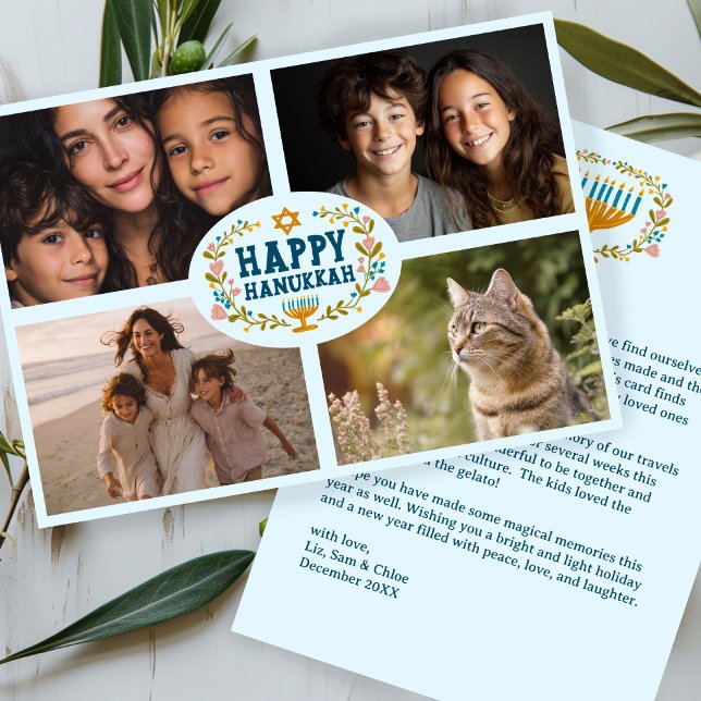 Tarjeta Festiva Fotos del Personalizado de HAPPY HANUKKAH Floral W (HAPPY HANUKKAH Floral Wreath Menorah Custom Photos Holiday Card
)