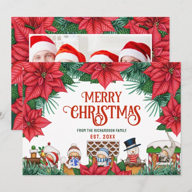 Tarjeta Festiva Fotos del Personalizado Rojo de Poinsettia en invi (Anverso / Reverso)