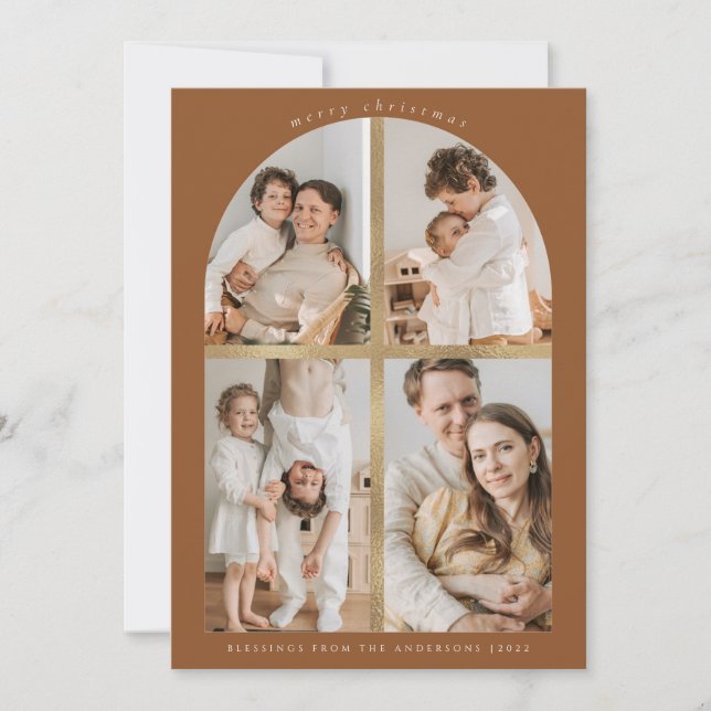 Tarjeta Festiva Fotos del Relieve metalizado dorado Faux 4 Fotos d (Anverso)