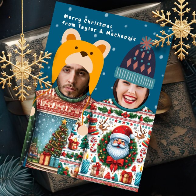 Tarjeta Festiva Fotos divertidas Navidades personalizados jumper (Funny Photo Personalized Christmas Jumper holiday card by Ricaso. Add your own faces to fun cards)