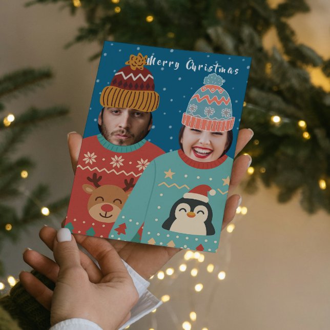 Tarjeta Festiva Fotos divertidas Navidades personalizados jumper (Funny Photo Personalized Christmas Jumper Holiday Card by Ricaso. Add your own faces, couples cards)